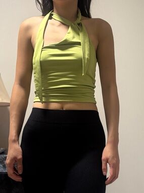 Women’s Lime Green One Shoulder Halter Crop Top with Attached Tie Scarf